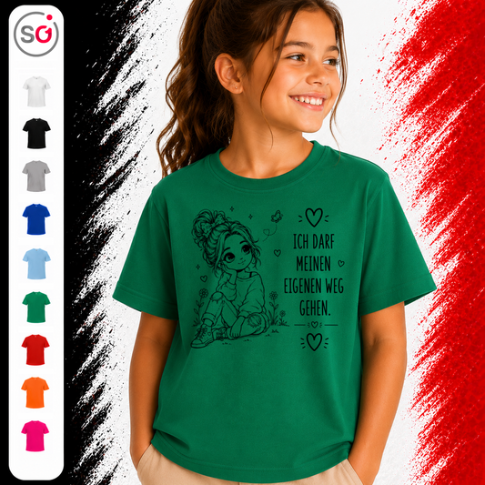 Vorschau – Kinder T-Shirt „Ich darf meinen eigenen Weg gehen“ | Motiv für Mädchen mit Spruch & Herzen
