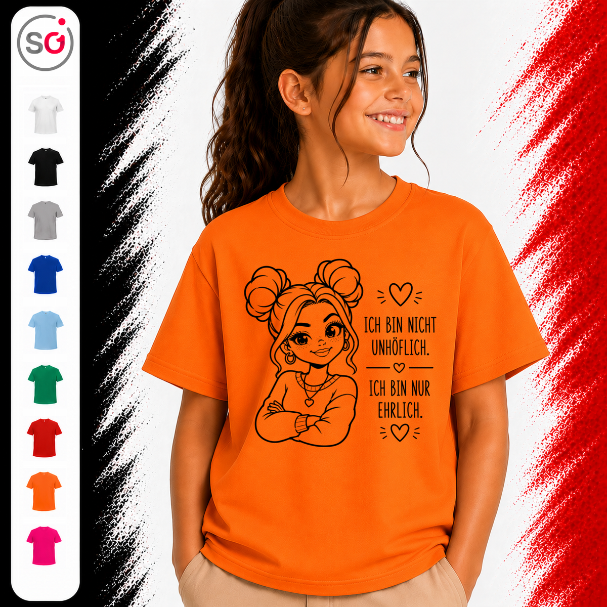 Vorschau – Kinder T-Shirt mit frechem Spruch „Ich bin nur ehrlich“ und coolem Mädchen-Motiv