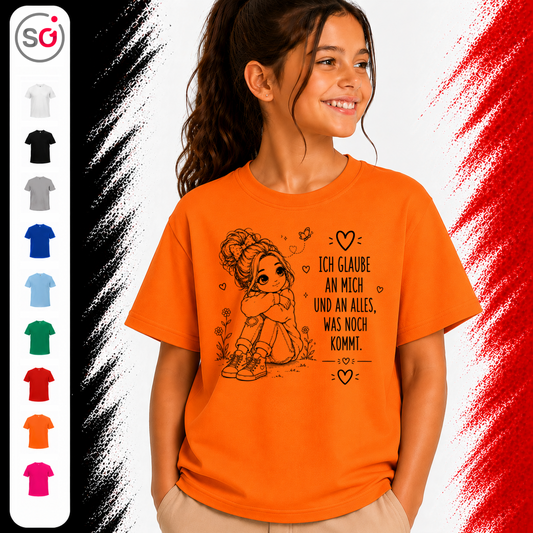 Vorschau – Kinder T-Shirt mit Spruch "Ich glaube an mich" und süßem Mädchen-Motiv