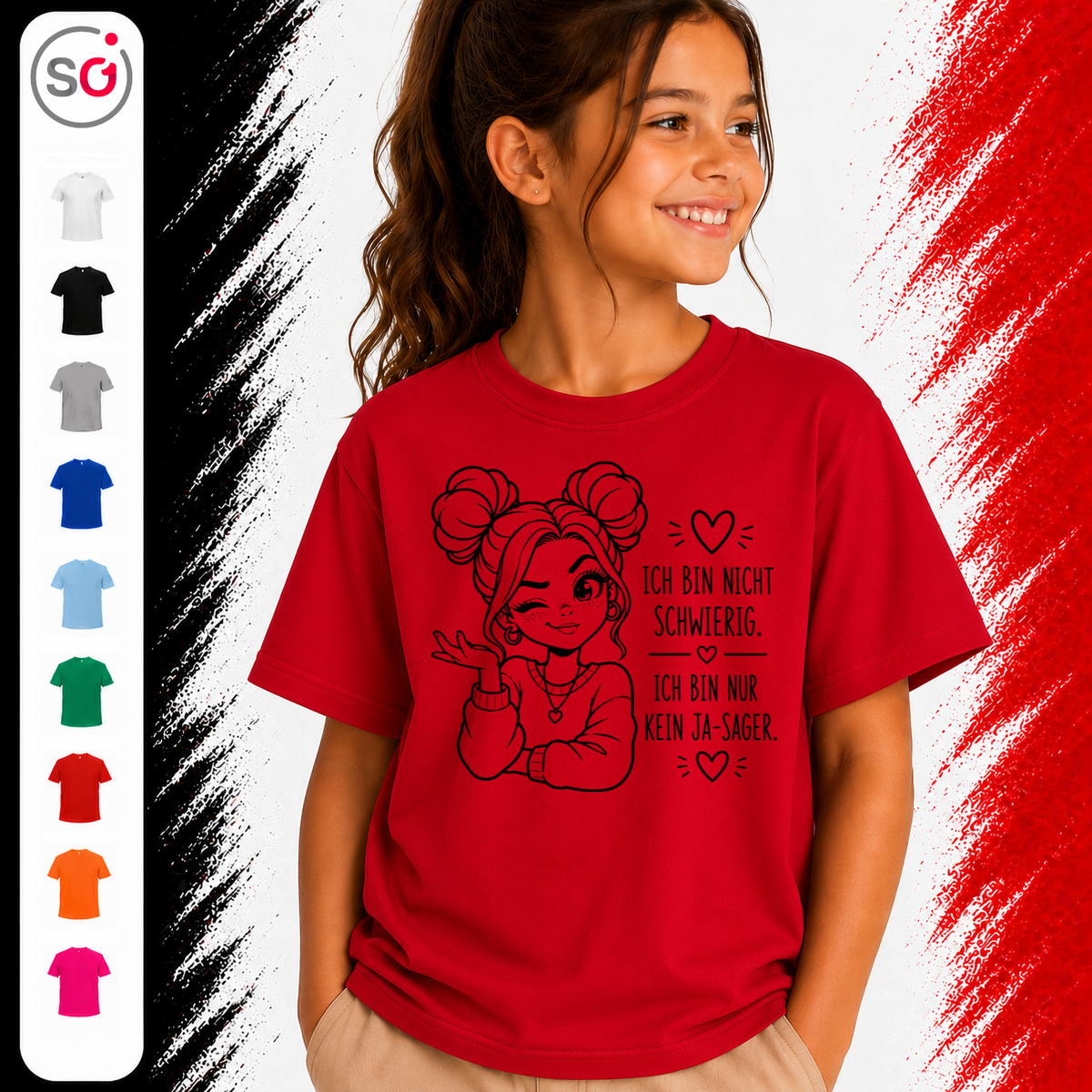 Vorschau – Kinder T-Shirt mit Spruch 'Kein Ja-Sager' & coolem zwinkerndem Mädchen-Motiv