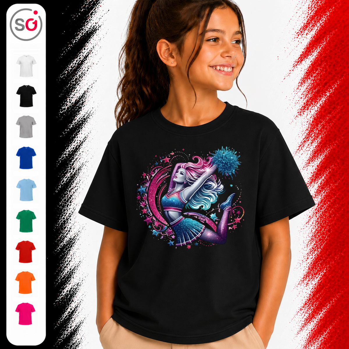 Vorschau – Kinder T-Shirt mit Galaktischer Cheerleaderin im Sprung & Glitzer-Sternen
