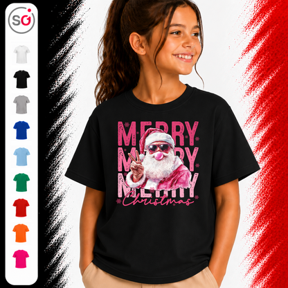 Vorschau – Kinder T-Shirt mit coolem Weihnachtsmann | Santa mit Kaugummi-Blase & Peace-Zeichen in Pink