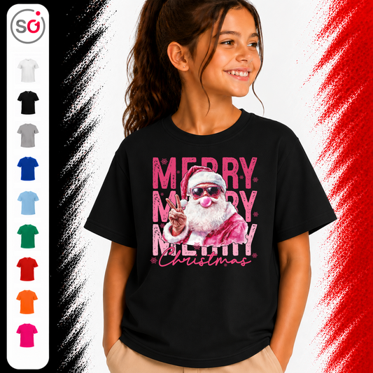 Vorschau – Kinder T-Shirt mit coolem Weihnachtsmann | Santa mit Kaugummi-Blase & Peace-Zeichen in Pink