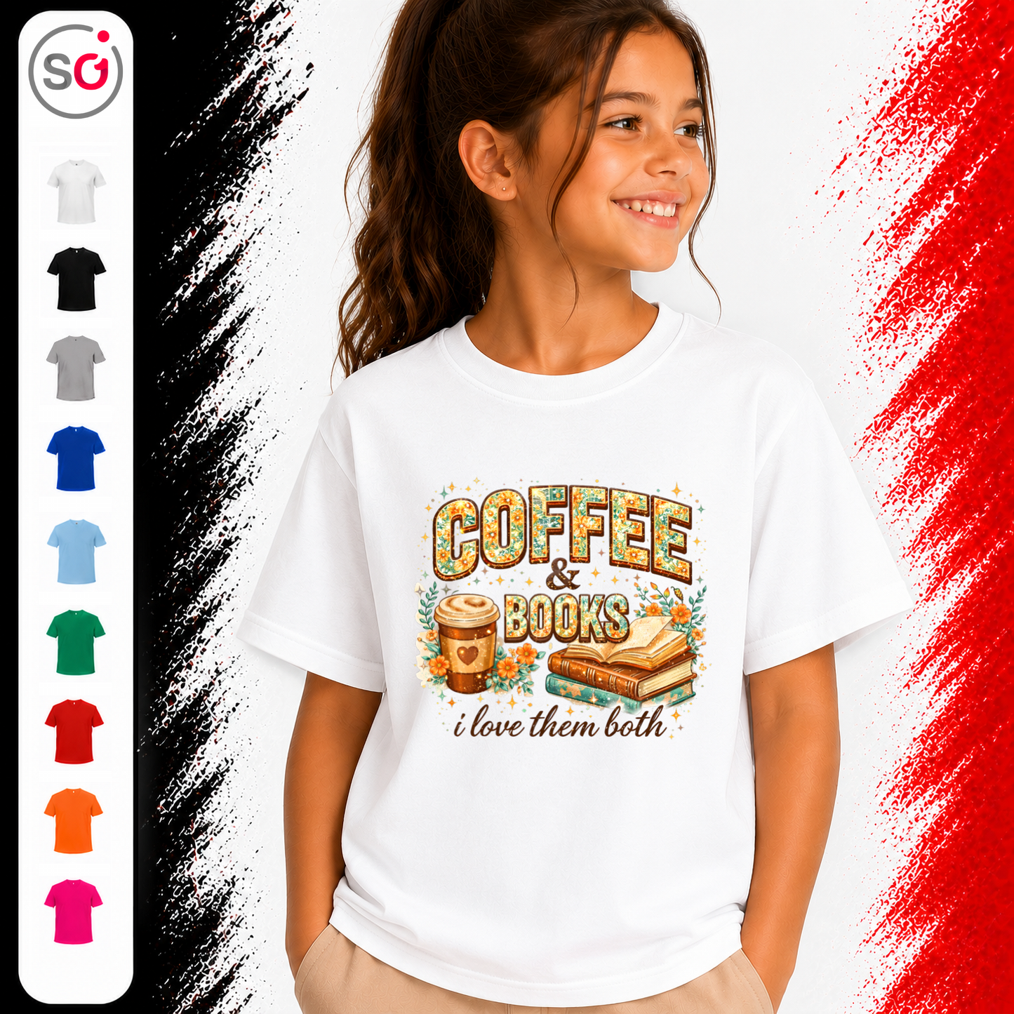 Vorschau – Kinder T-Shirt: 'Coffee & Books' Motiv mit Blumen – Ideal für kleine Leseratten