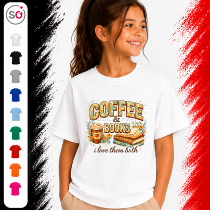 Vorschau – Kinder T-Shirt: 'Coffee & Books' Motiv mit Blumen – Ideal für kleine Leseratten