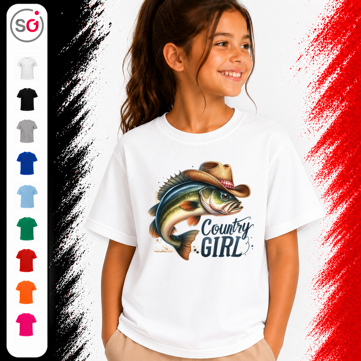Vorschau – Kinder T-Shirt 'Country Girl' mit coolem Fisch im Cowboyhut | Angler- & Western-Design für Mädchen