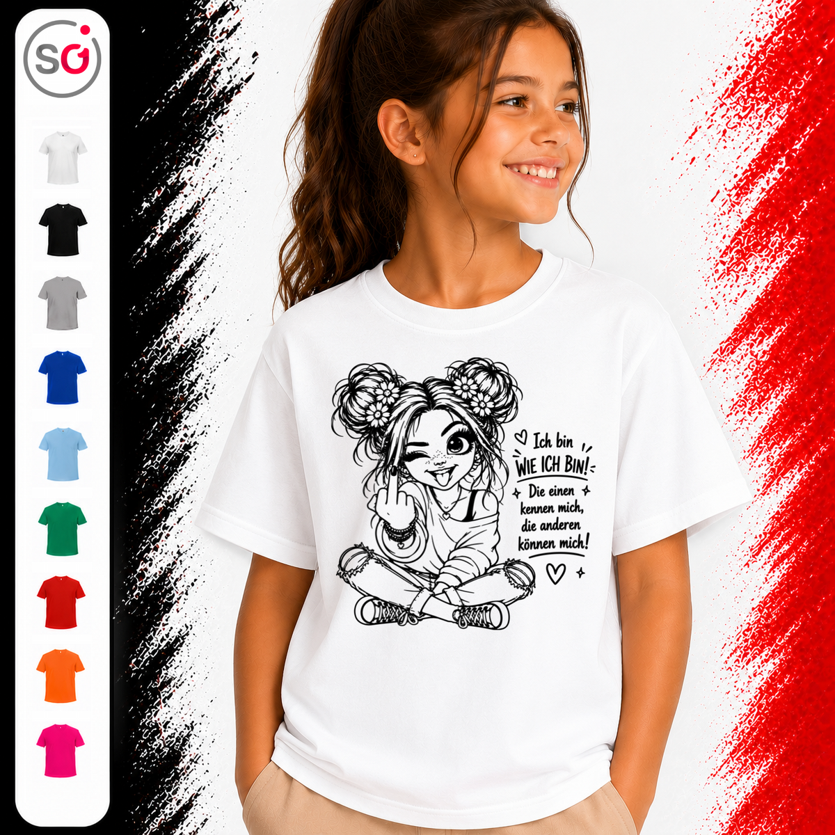 Vorschau – Kinder T-Shirt mit frechem Mädchen-Motiv & Spruch 'Ich bin wie ich bin'