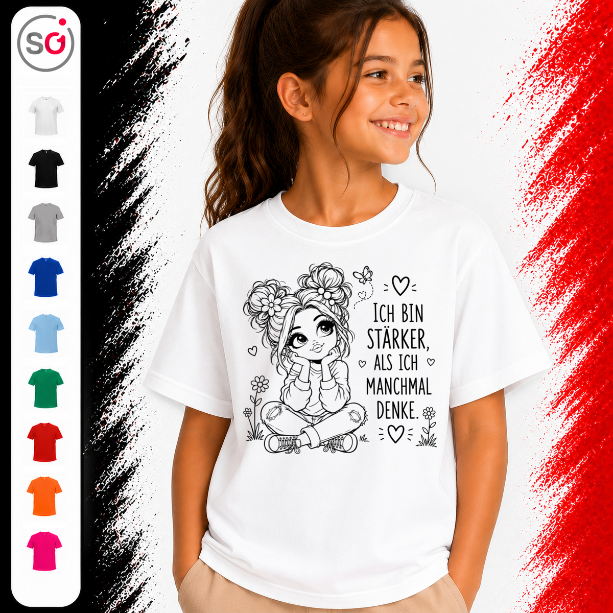 Vorschau – Kinder T-Shirt mit Mädchen & Spruch 'Ich bin stärker, als ich manchmal denke' | Positive Botschaft