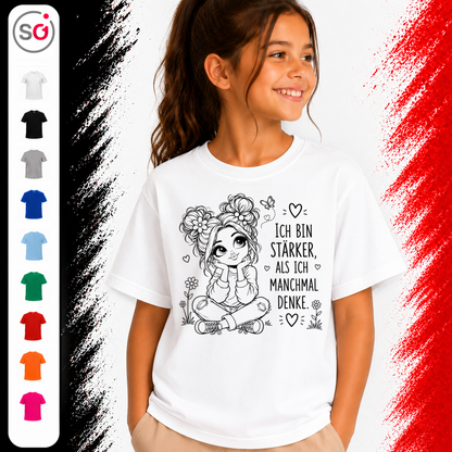 Vorschau – Kinder T-Shirt mit Mädchen & Spruch 'Ich bin stärker, als ich manchmal denke' | Positive Botschaft