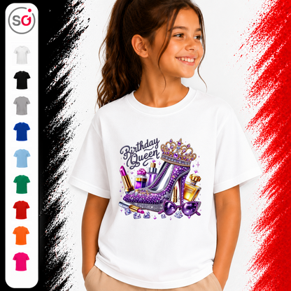 Vorschau – Kinder T-Shirt Birthday Queen mit Glitzer High Heel, Krone & Make-Up Motiv