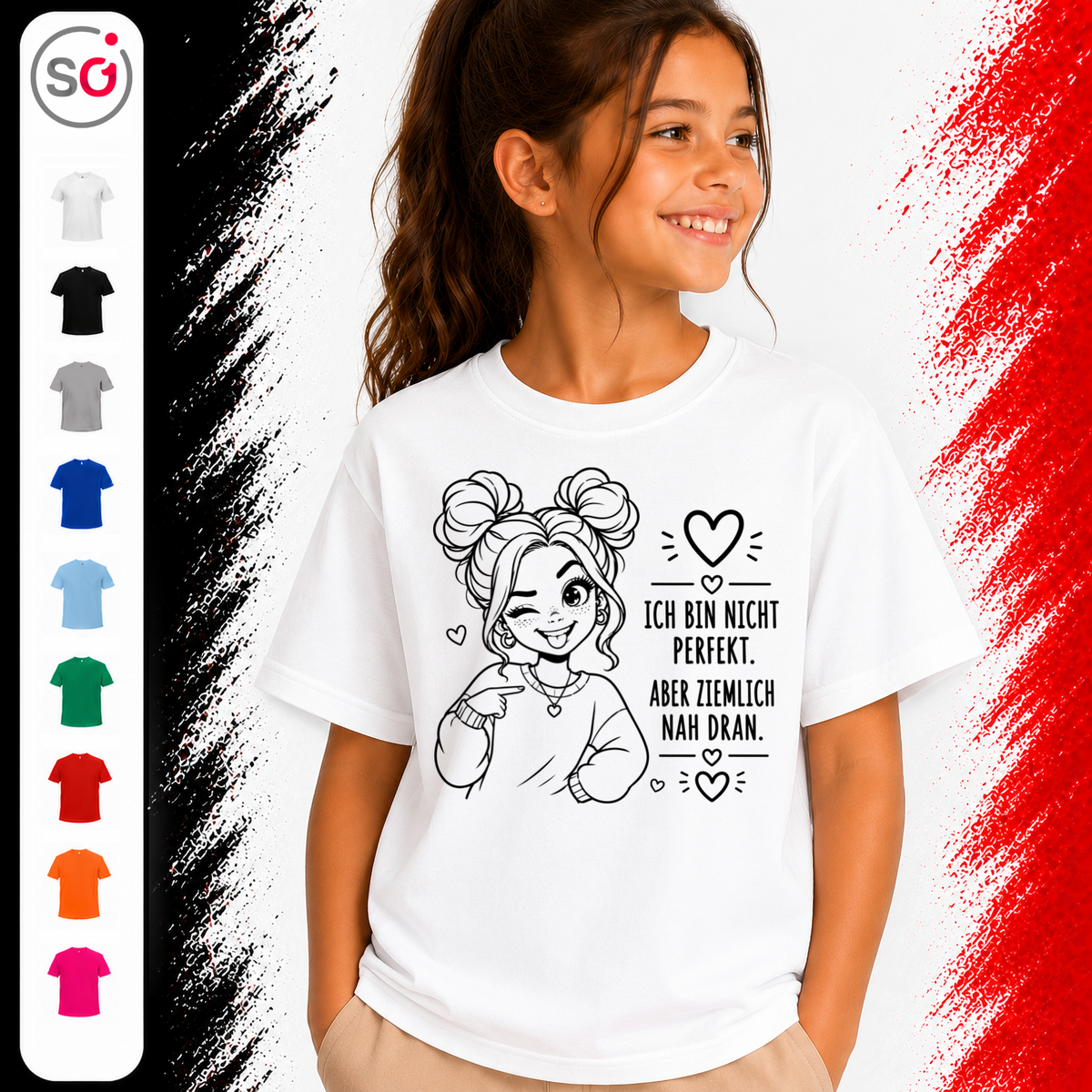 Vorschau – Kinder T-Shirt mit Spruch 'Nicht Perfekt, Aber Nah Dran' & zwinkerndem Comic-Mädchen