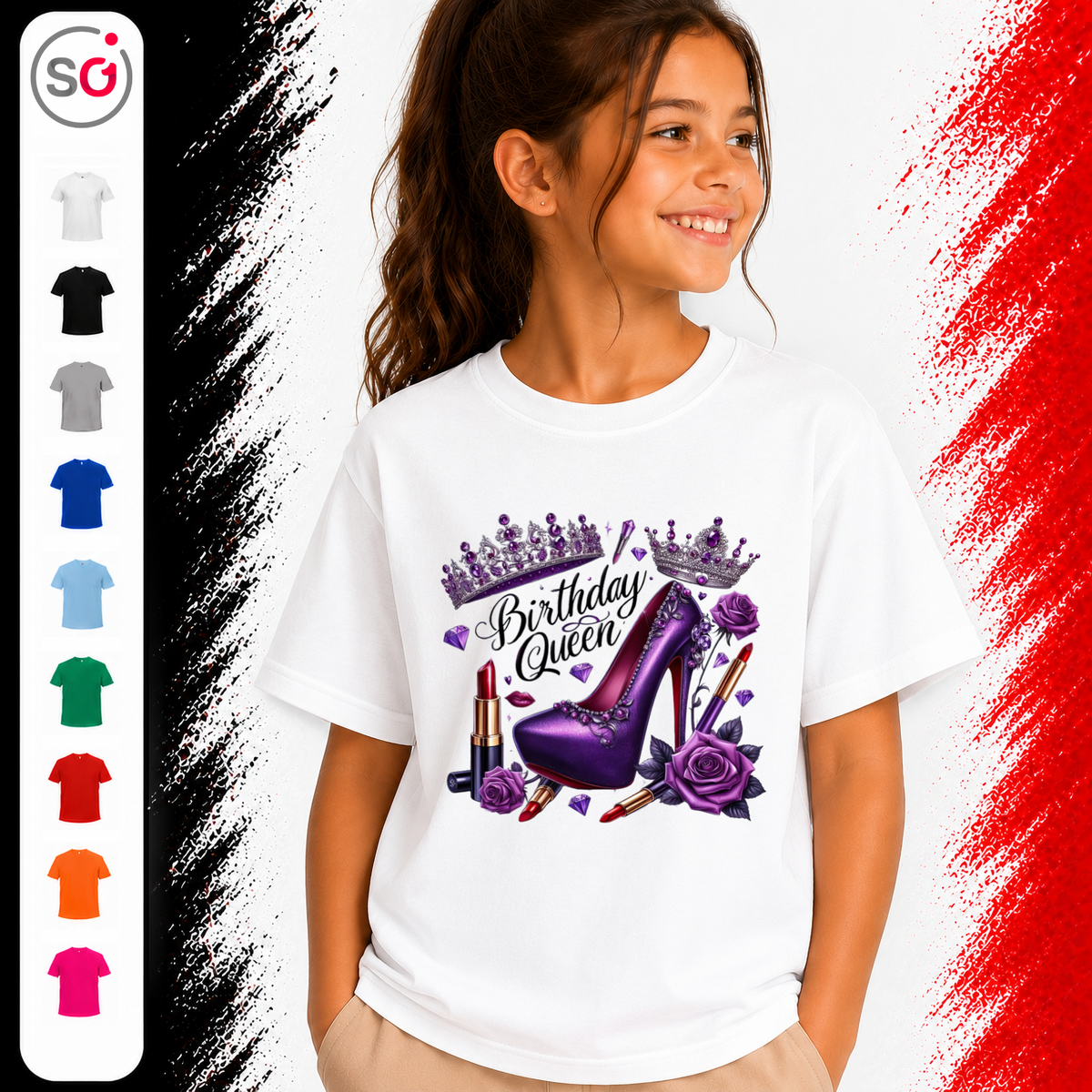 Vorschau – Kinder T-Shirt Birthday Queen mit lila High Heel, Krone und Glitzer-Design
