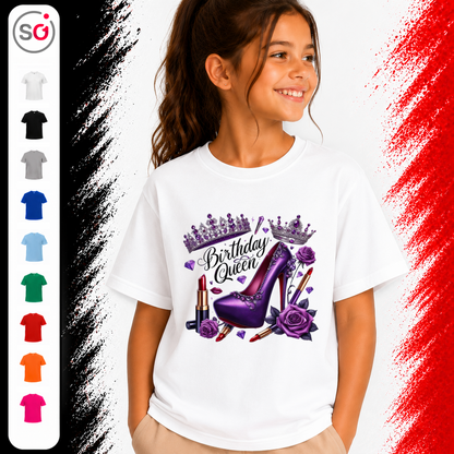 Vorschau – Kinder T-Shirt Birthday Queen mit lila High Heel, Krone und Glitzer-Design