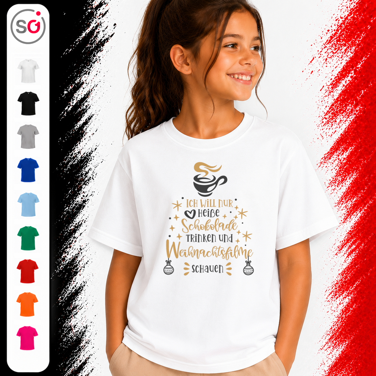 Vorschau – Kinder T-Shirt Weihnachten: Heiße Schokolade & Weihnachtsfilme Spruch