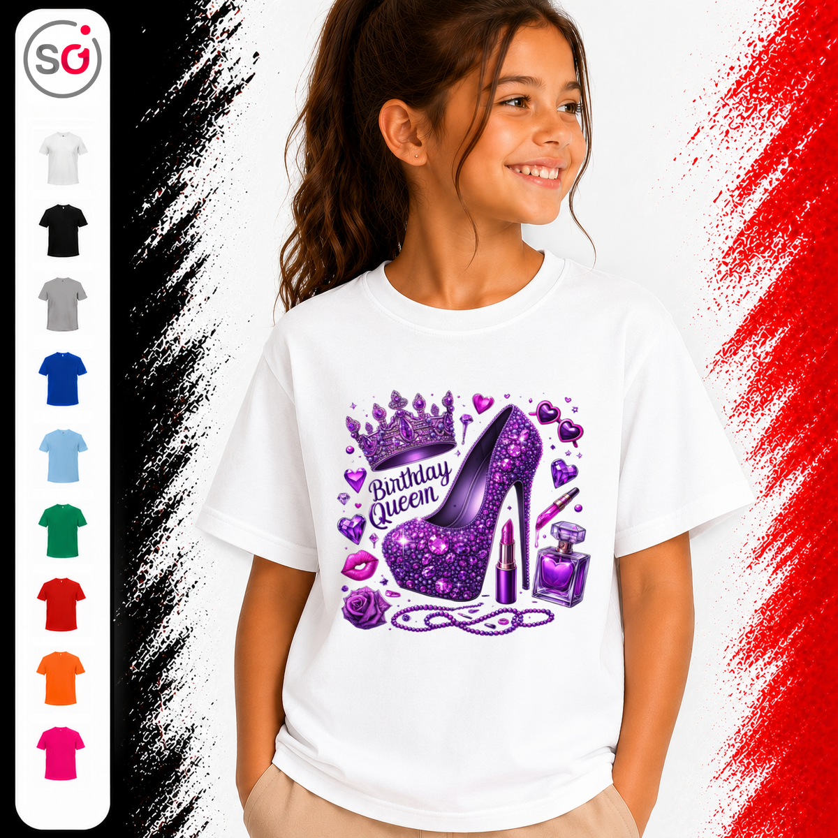 Vorschau – Kinder T-Shirt Birthday Queen mit lila Glitzer-High-Heel & Krone