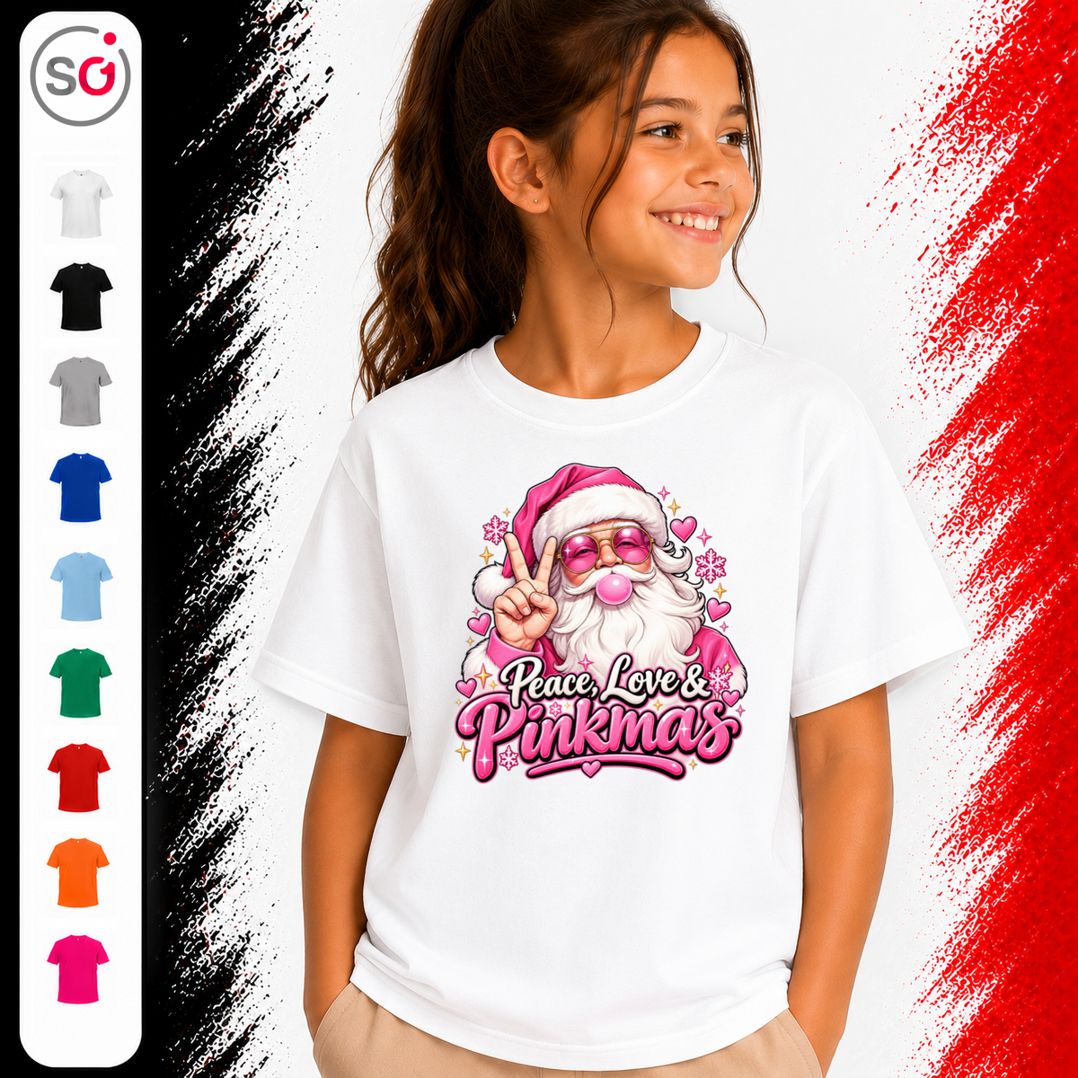 Vorschau – Kinder T-Shirt mit Pinkmas Weihnachtsmann Motiv | Peace, Love & Pinkmas