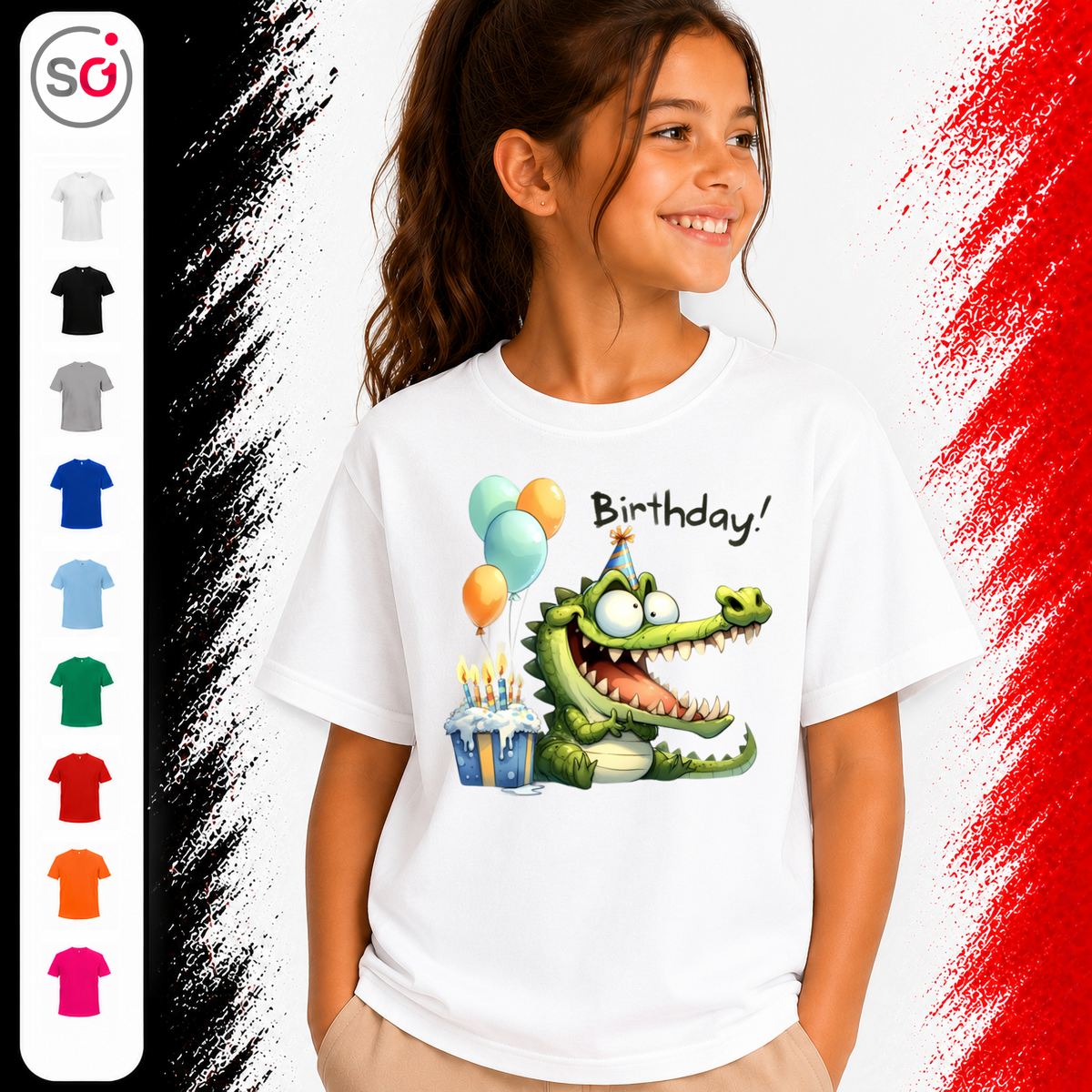 Vorschau – Lustiges Geburtstags-Krokodil T-Shirt für Kinder mit Kuchen & Ballons