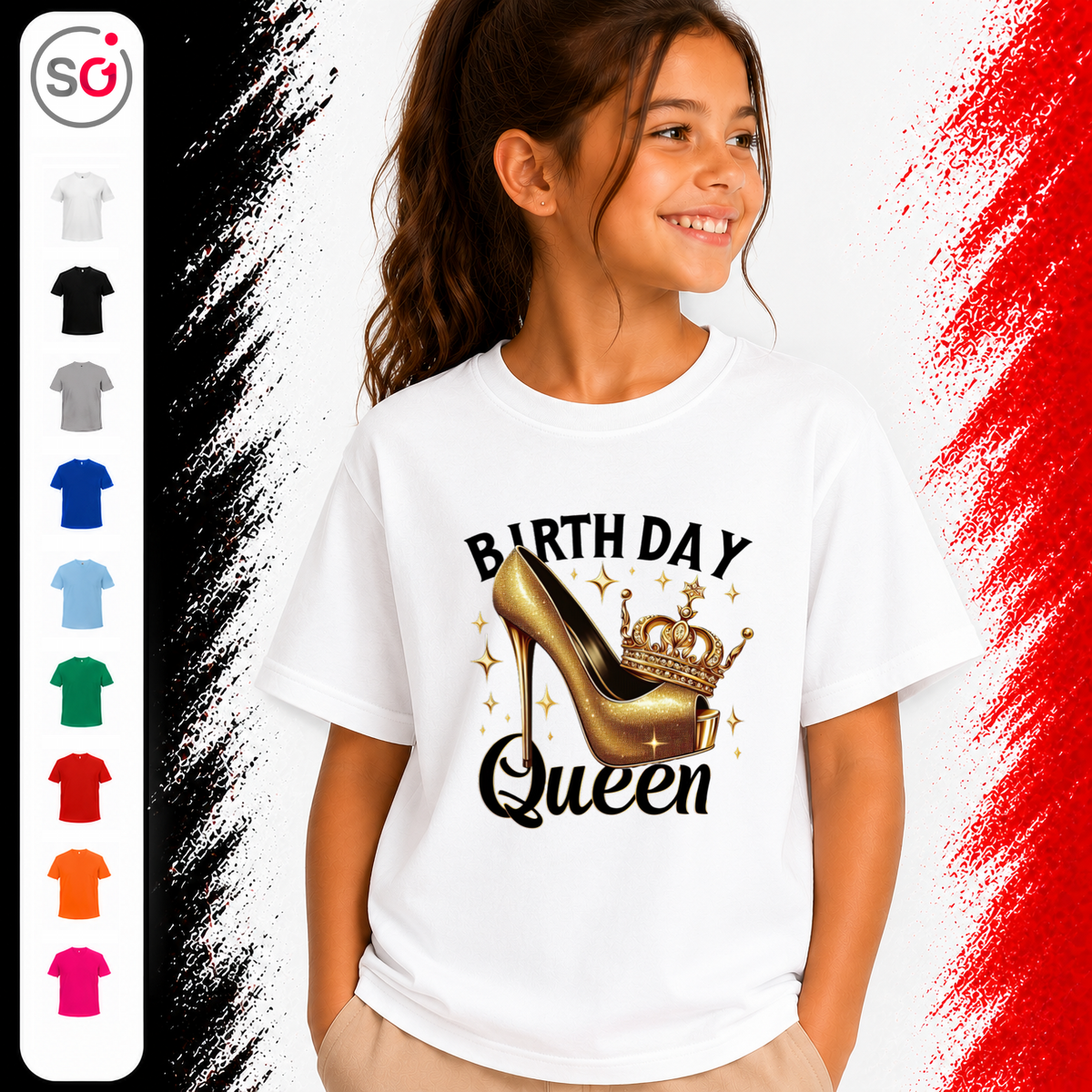 Vorschau – Kinder T-Shirt 'Birthday Queen' mit goldenem High Heel & Krone