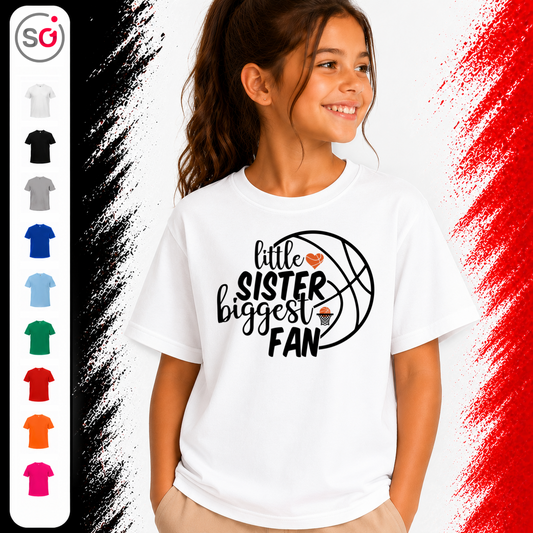 Vorschau – Kinder T-Shirt mit Basketball-Spruch 'little SISTER biggest FAN'