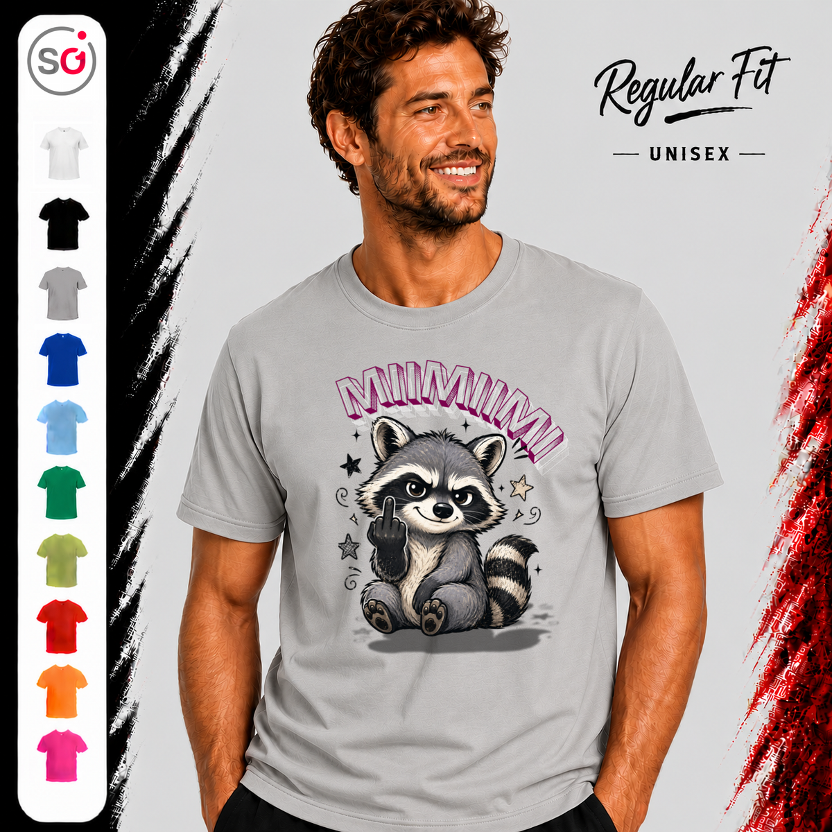 Vorschau – Frecher Waschbär Mittelfinger T-Shirt – MIMIMIMI Spruch & Sterne Motiv