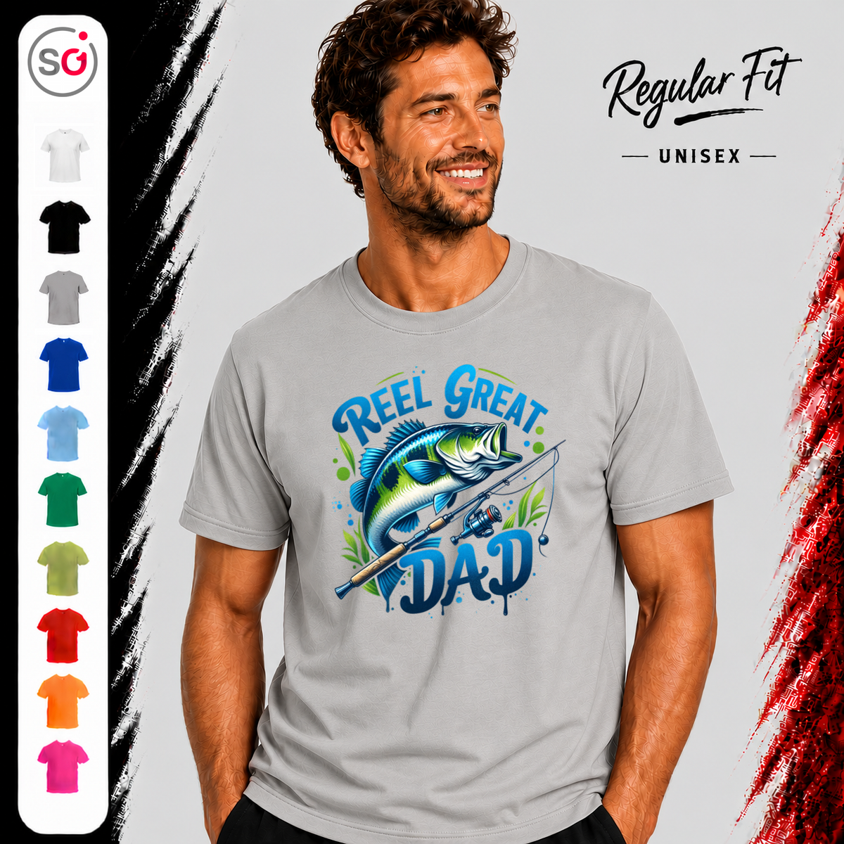 Vorschau – T-Shirt mit "Reel Great Dad" Angler-Spruch und coolem Barsch-Motiv | Geschenk für Väter