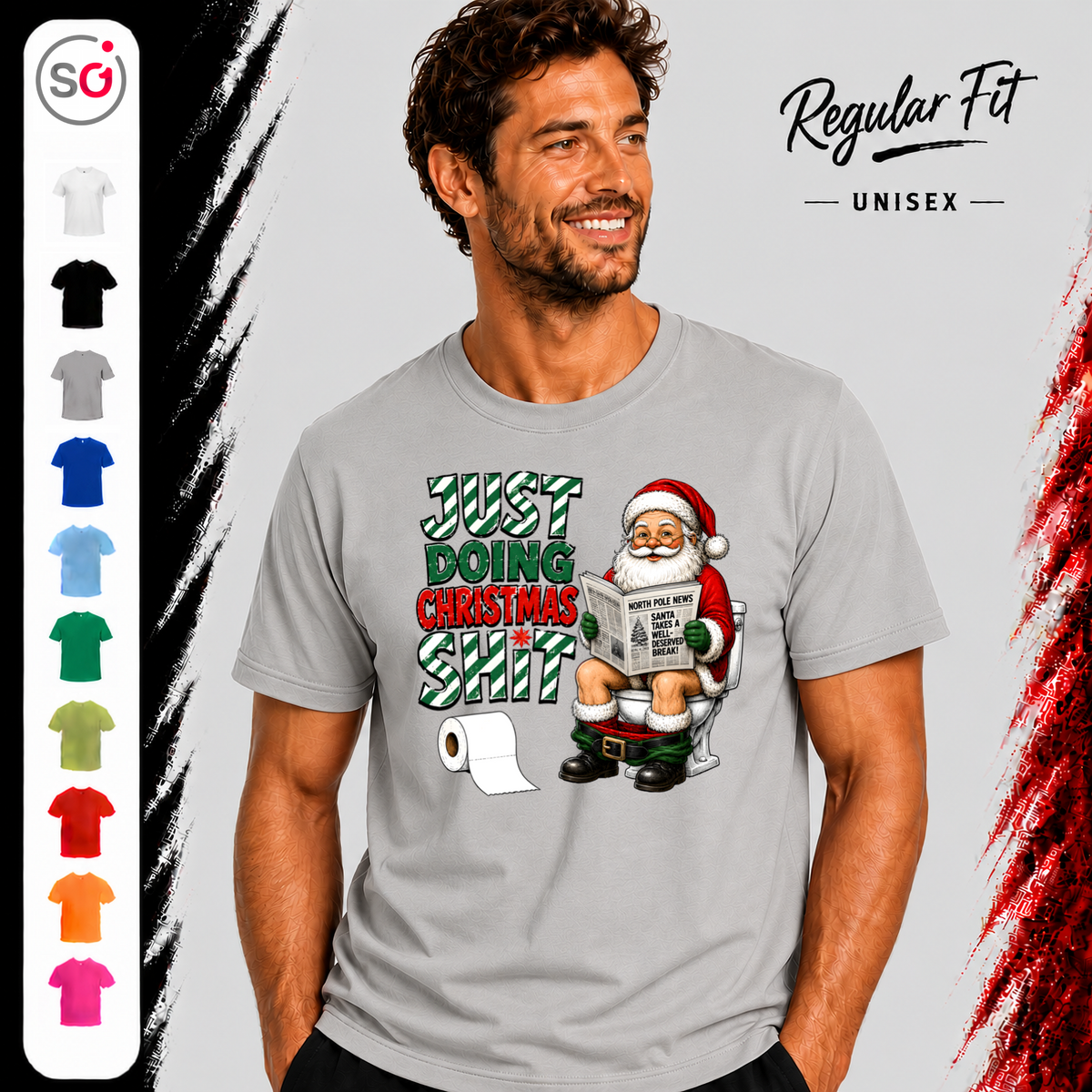 Vorschau – T-Shirt „Just Doing Christmas Shit“ mit Weihnachtsmann auf der Toilette