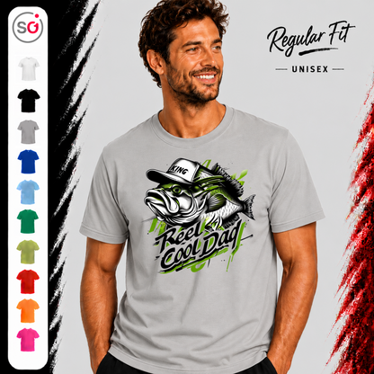 Vorschau – Reel Cool Dad T-Shirt | Lässiges Angler-Design mit Fisch und King-Kappe