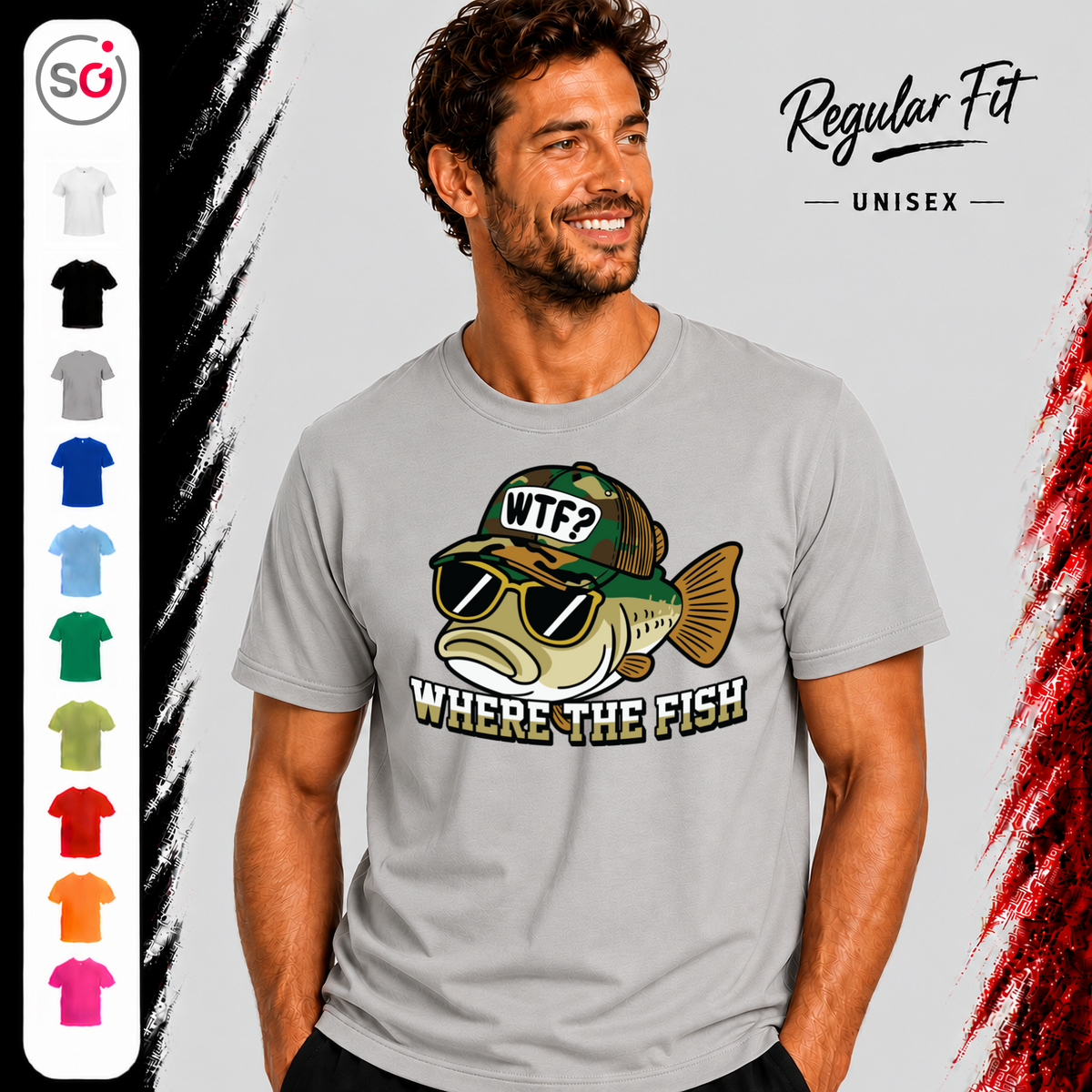 Vorschau – „Where The Fish“ T-Shirt mit lustigem WTF-Barsch Motiv | Witziges Angler & Fischer Design
