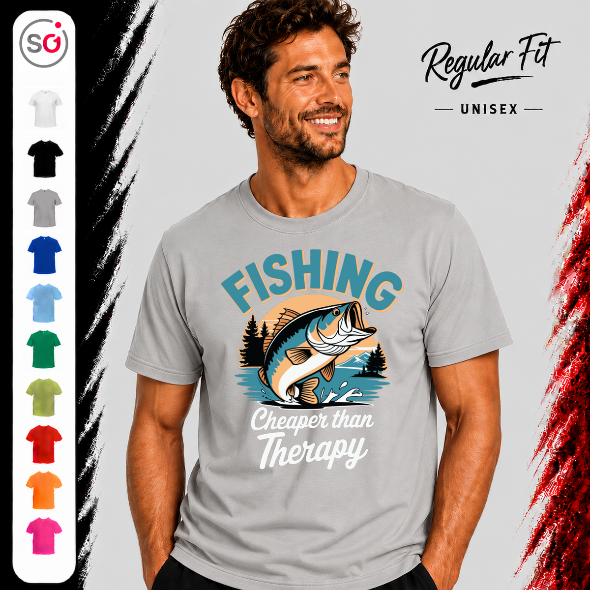 Vorschau – T-Shirt mit Angler-Spruch "Fishing Cheaper than Therapy" und coolem Barsch-Motiv im Retro-Look
