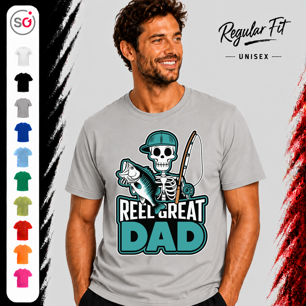 Vorschau – T-Shirt mit lustigem Angler-Skelett | "Reel Great Dad" Spruch & Fisch-Motiv
