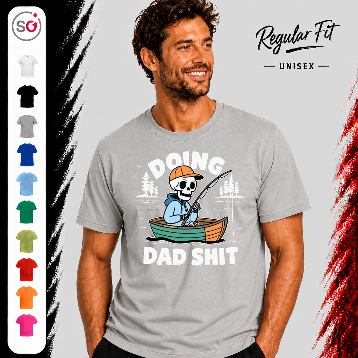 Vorschau – T-Shirt mit angelndem Skelett und Spruch "Doing Dad Shit" – Lustiges Design für Väter
