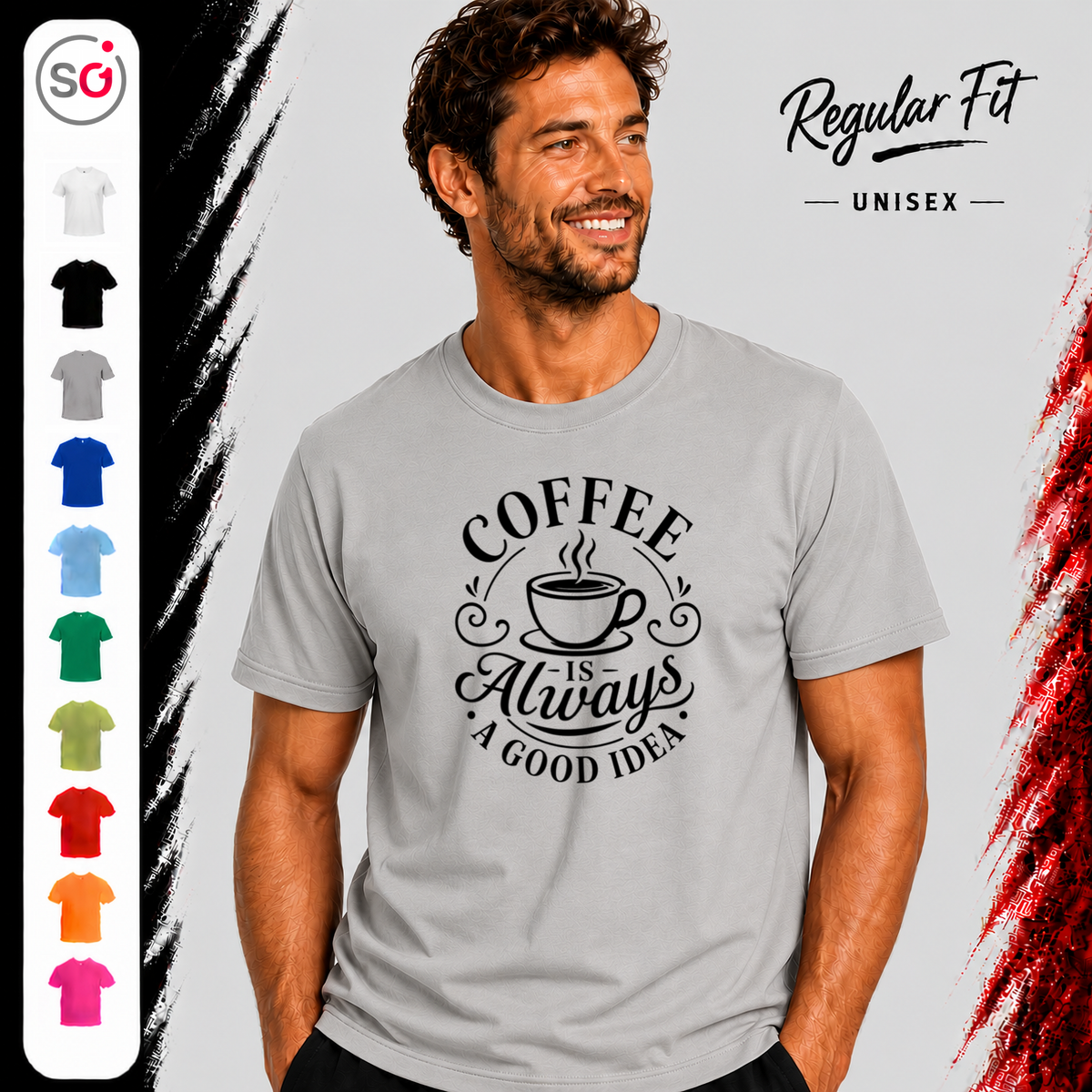Vorschau – T-Shirt mit Spruch 'Coffee is Always a Good Idea' | Kaffeetassen-Motiv & Typografie Design
