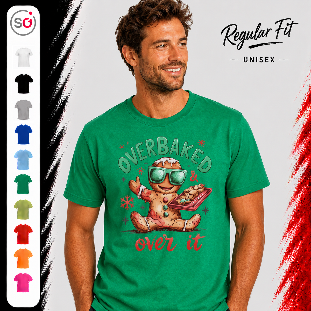 Vorschau – Lustiges Lebkuchenmann T-Shirt mit Spruch 'Overbaked & Over It' für Weihnachten