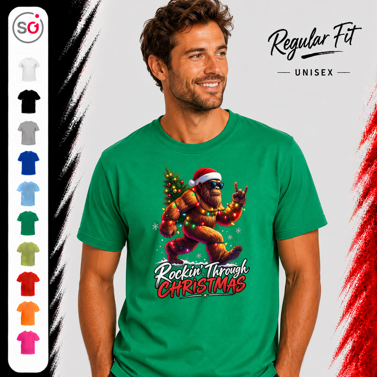 Vorschau – Rockin' Bigfoot Weihnachts-T-Shirt mit Lichterkette und Tannenbaum