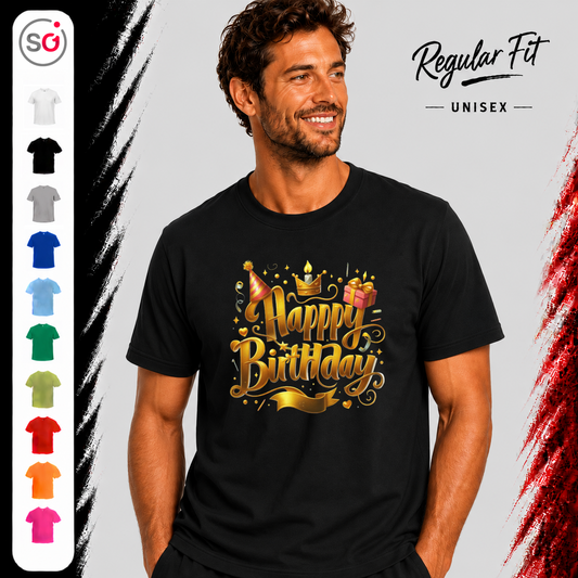 Vorschau – T-Shirt mit festlichem 'Happy Birthday' Schriftzug in edlem Gold-Design