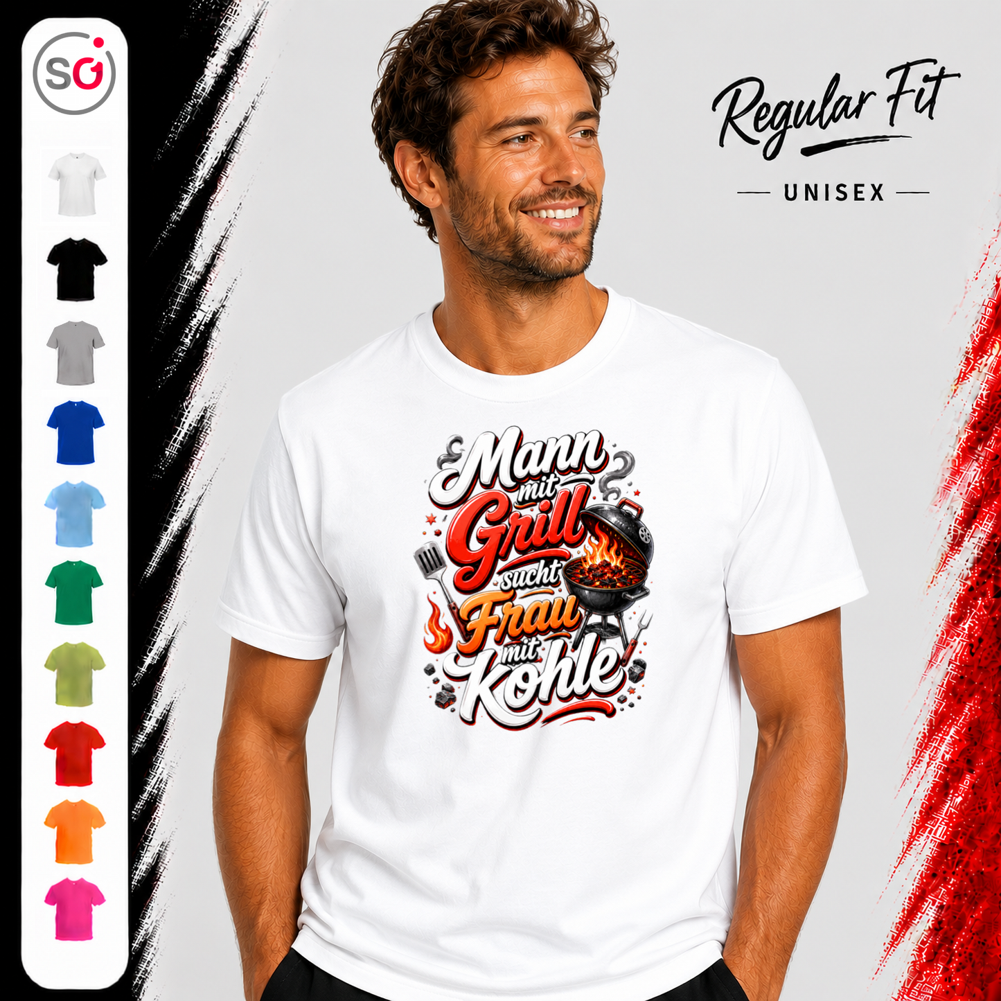 Vorschau – Lustiges Grill T-Shirt: Mann mit Grill sucht Frau mit Kohle – Witziges BBQ Design