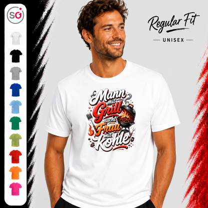 Vorschau – Lustiges Grill T-Shirt: Mann mit Grill sucht Frau mit Kohle – Witziges BBQ Design