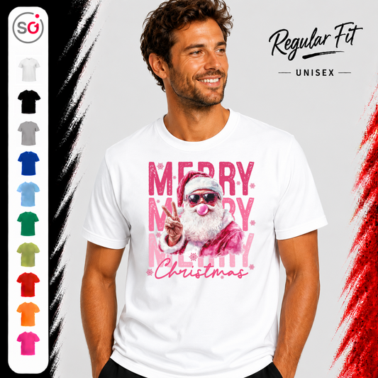 Vorschau – T-Shirt mit coolem Santa Claus Motiv, Sonnenbrille & Kaugummi | Modernes Weihnachtsdesign