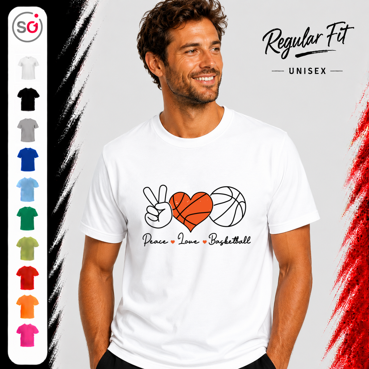 Vorschau – T-Shirt mit Peace, Love & Basketball Design | Herz-Ball & Friedenszeichen