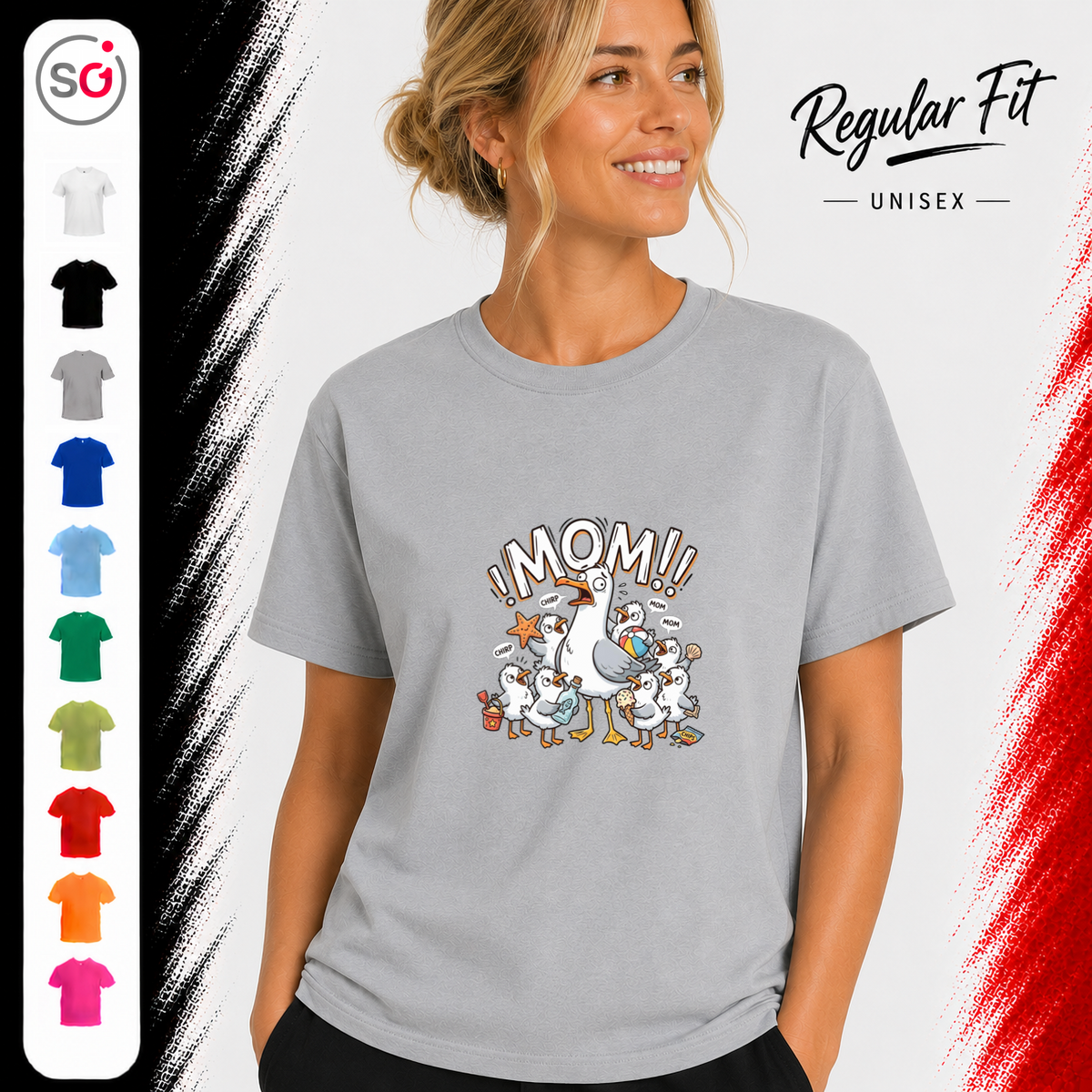 Vorschau – T-Shirt mit gestresster Möwen-Mama | Witziges Cartoon-Design mit chaotischer Küken-Schar