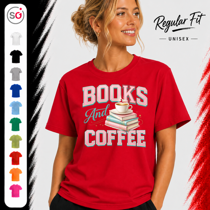 Vorschau – Books And Coffee T-Shirt für Leseratten & Kaffeefans – Damen & Herren