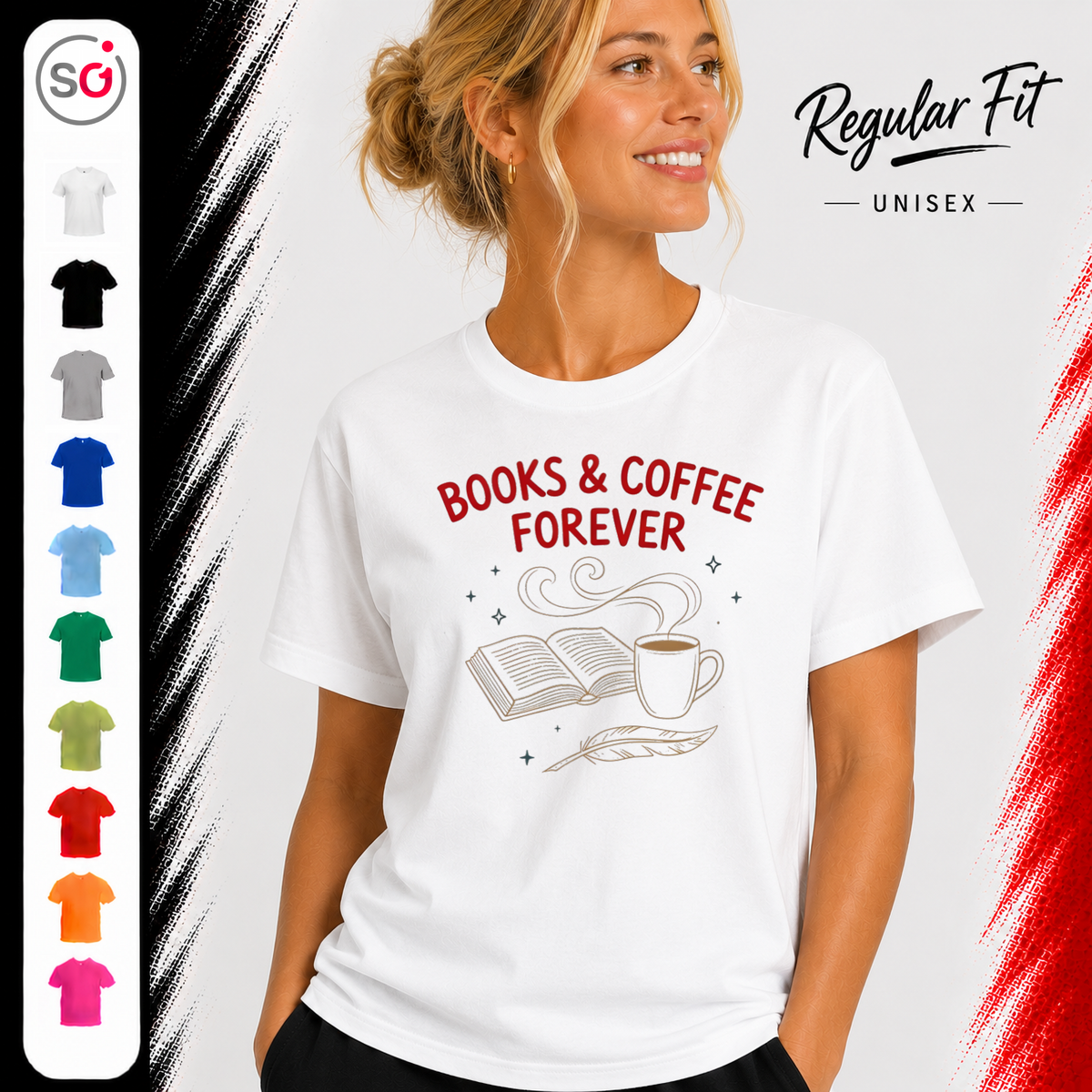 Vorschau – T-Shirt mit "Books & Coffee Forever" Design | Illustration für Leseratten & Kaffeeliebhaber