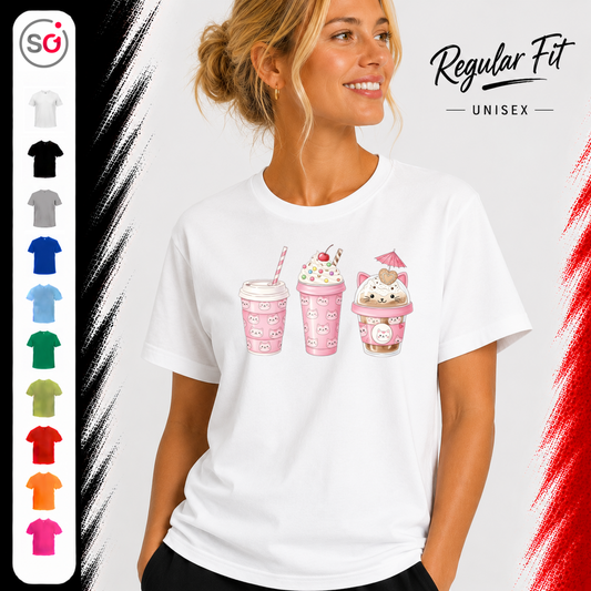 Vorschau – T-Shirt mit Kawaii Katzen-Getränken | Süßer Bubble Tea & Milkshake Print in Rosa