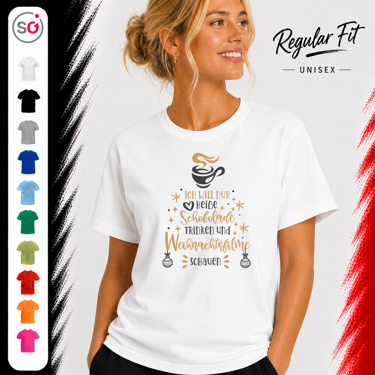 Vorschau – T-Shirt mit Spruch 'Heiße Schokolade & Weihnachtsfilme' in Tannenbaum-Form
