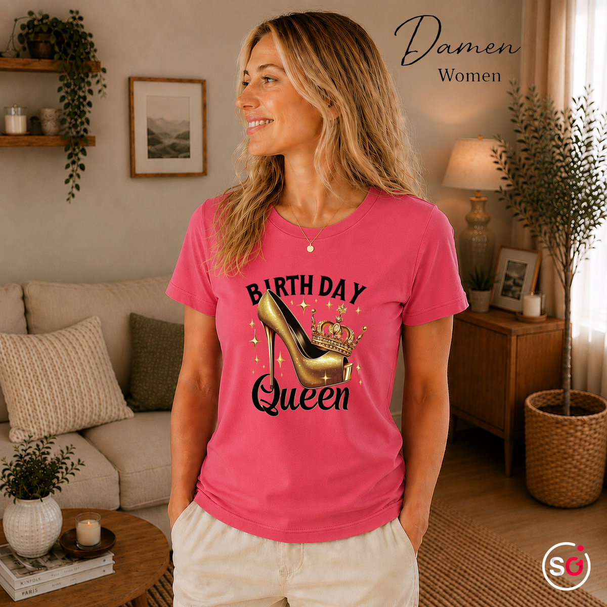Damen Fuchsia – Birthday Queen T-Shirt mit goldenem High Heel und Krone für einen glamourösen Auftritt
