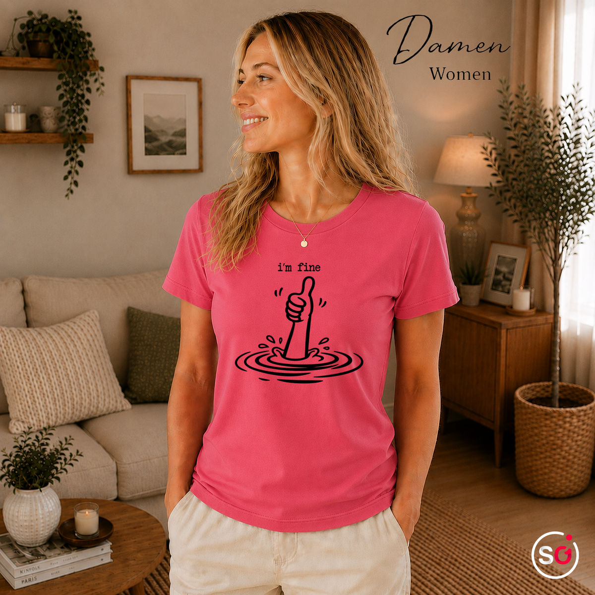 Damen Fuchsia – T-Shirt mit sarkastischem 'I'm Fine' Daumen Hoch Motiv