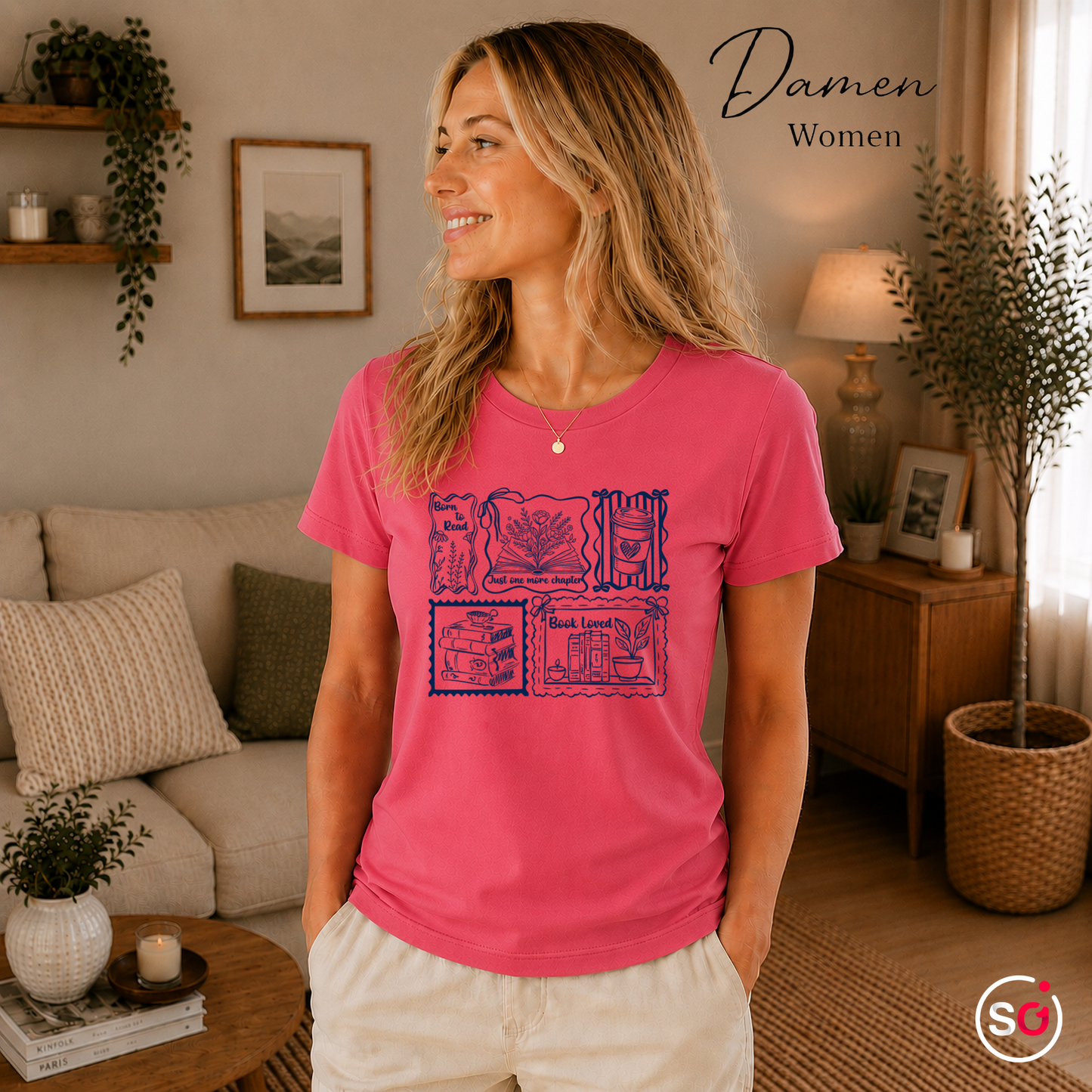 Damen Fuchsia – Lesemotiv T-Shirt: Born to Read, Just One More Chapter & Buchliebe Stempeldesign