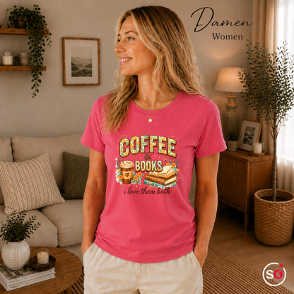 Damen Fuchsia – Coffee & Books T-Shirt – Floraler Print für Leseratten & Kaffeeliebhaber