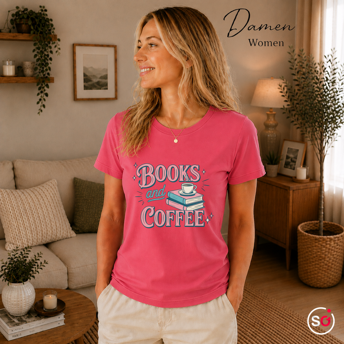 Damen Fuchsia – Books and Coffee T-Shirt | Charmantes Design für Leseratten & Kaffeefans