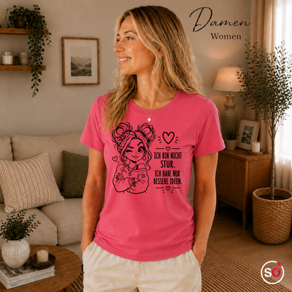 Damen Fuchsia – Statement-Shirt "Bessere Ideen" mit zwinkerndem Comic-Mädchen und frechem Spruch